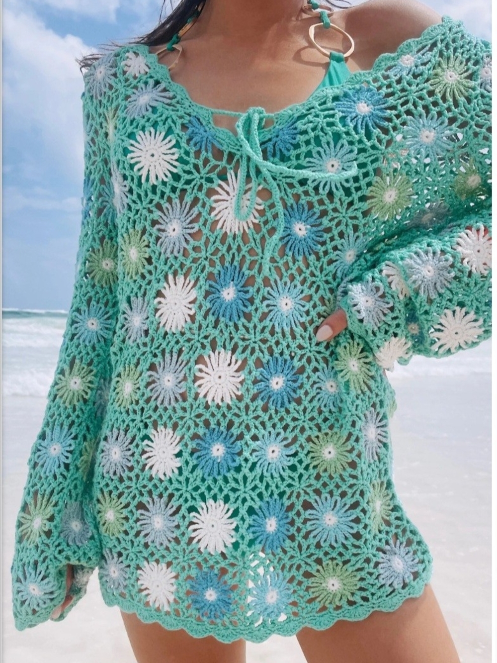 Show Me Your Mumu Vacay Mini Coverup - Blue Multi Floral Crochet Sz L Boho Style